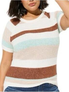 torrid Striped Short-Sleeve Sweater in Cream, Brown & Mint size 1